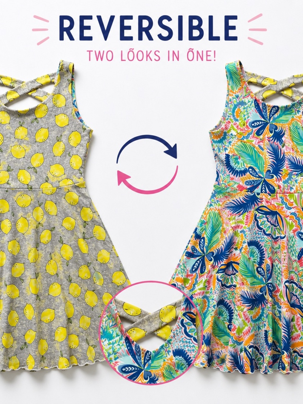 Emily West Girls Size 14 Reversible Lemon Tropical Twirl Dress Crisscross Back